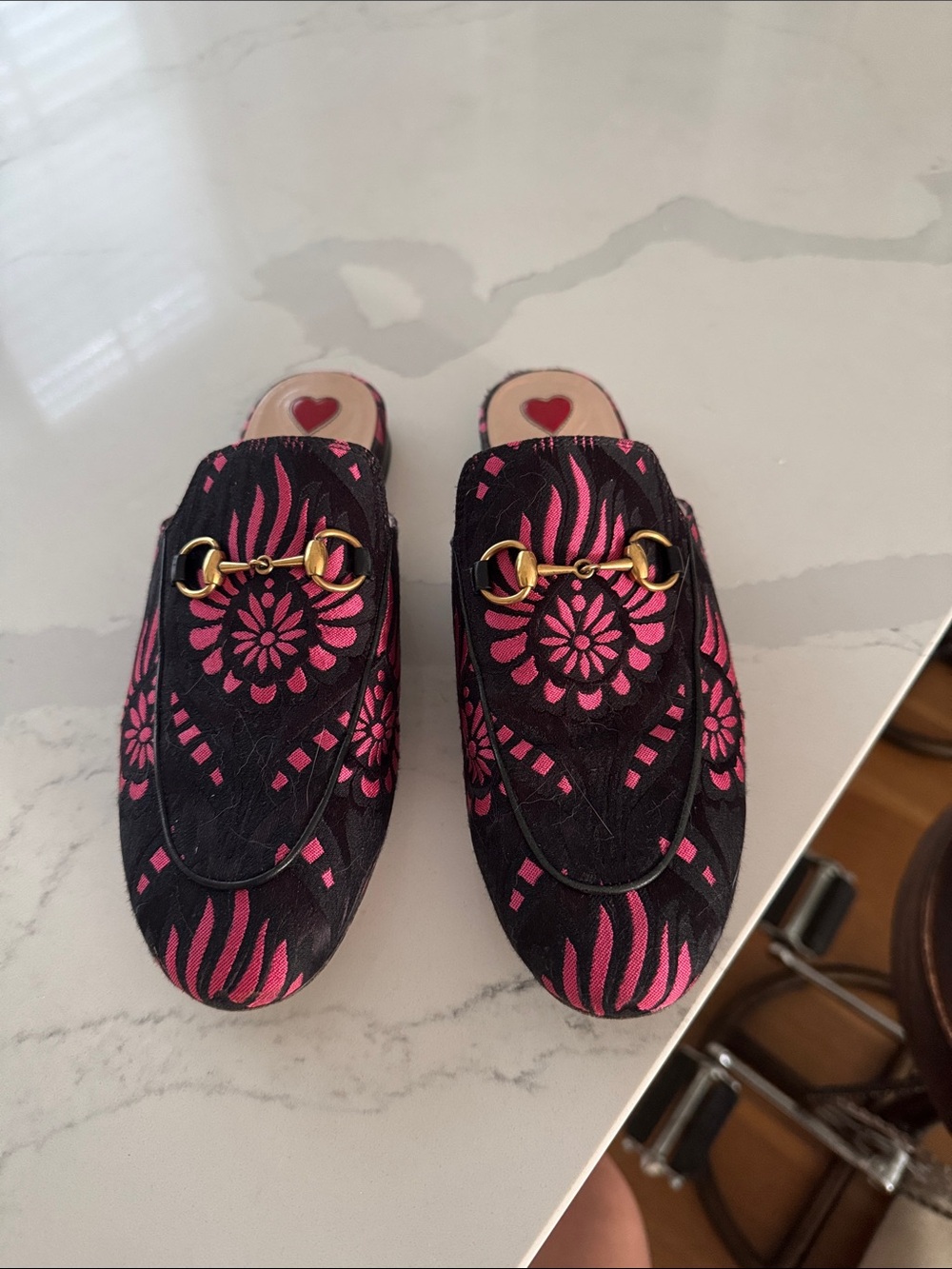 Women's Gucci Black & Pink Embroidered Slip-On Mule with Gold Bit Hardware